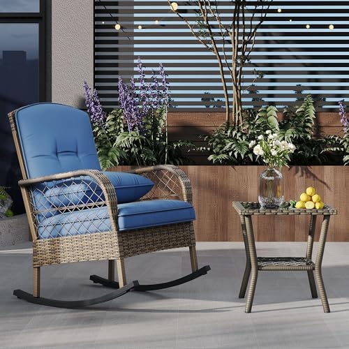 IDEALHOUSE Outdoor Wicker Rocking Chair, Patio Rattan Rocker Chair with Cushi...