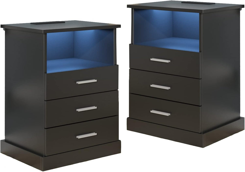 Black LED Nightstand with Charging Station, Side Table with 3 Drawers and Lig...
