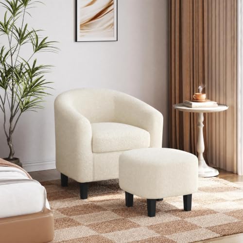 Yaheetech Accent Chairs with Ottoman, Boucle Fabric Barrel Chairs, Ivory