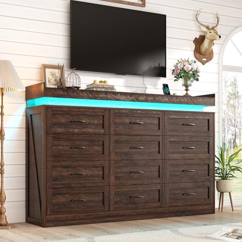 71" Wide 46" Tall Large Farmhouse 12 Drawers Dresser for Bedroom wi...