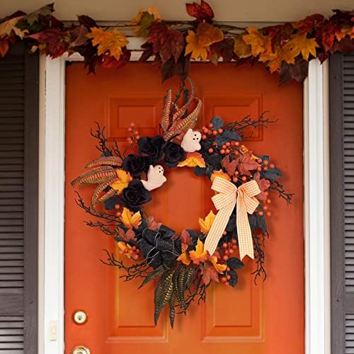LinTimes Halloween Wreaths for Front Door, 26Inch Ghost Wreath with Ribbon Black Rose Maple Berries Feather for Indoor Outdoor Wall Window Front Door Porch Mantle Halloween Decoration