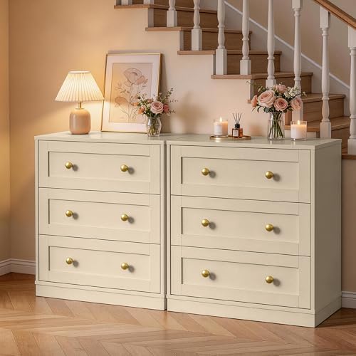 RoyalCraft Small 3 Drawer Dresser, Beige Dresser for Bedroom, Wood Nightstand...