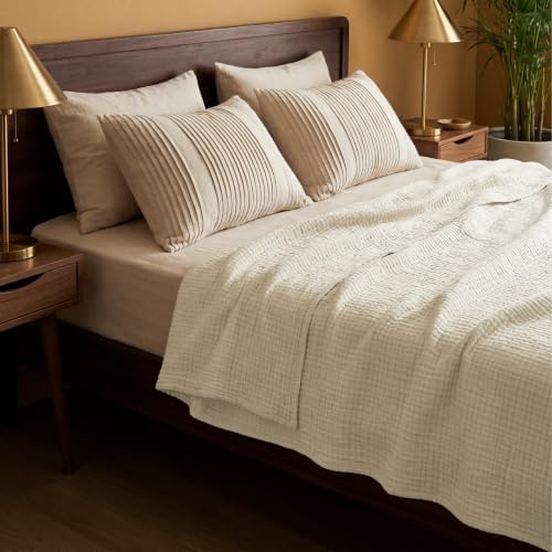 Bedsure 100% Cotton Muslin Blanket Queen Size for Bed, 4-Layer, Linen Beige