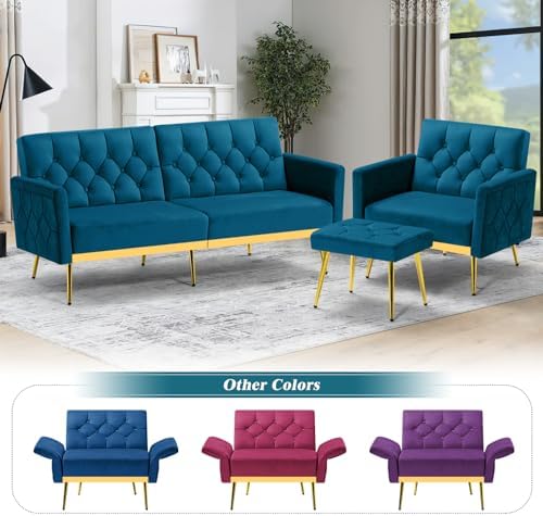 Velvet Accent Chair w/Ottoman & Adjustable Backrests, Teal