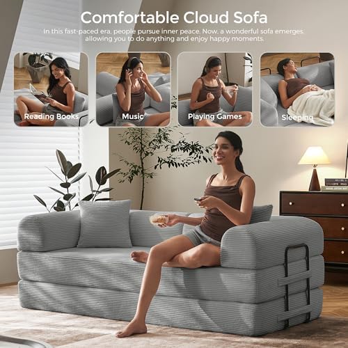 79" Convertible Futon Sofa Bed,Boneless Couch for Living Room | Light Gray