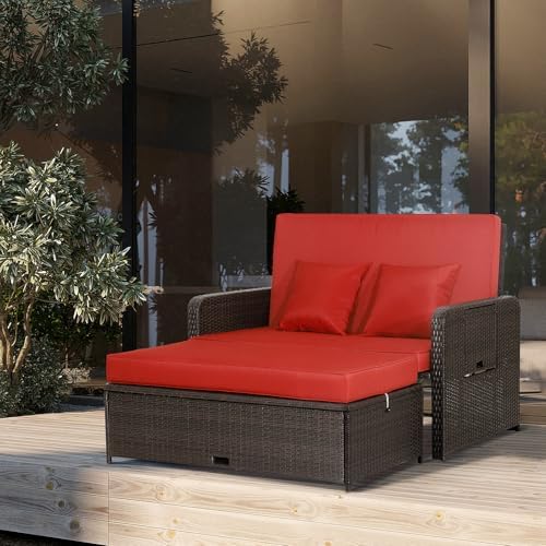 LDAILY Moccha Outdoor Daybed, Wicker Loveseat Sofa Set with 4-Postion Adjusta...