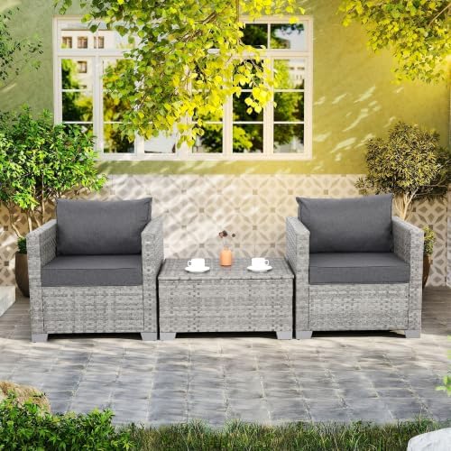 WAROOM Patio Chairs Set of 2 Wicker Outdoor Sofa, Porch Single Chair Grey Rat...