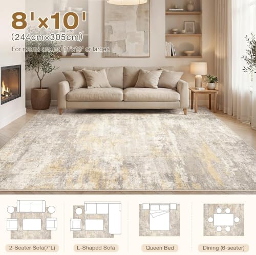 cotiled 8x10 Area Rugs Living Room: Washable Abstract Rug Gold Grey Brown