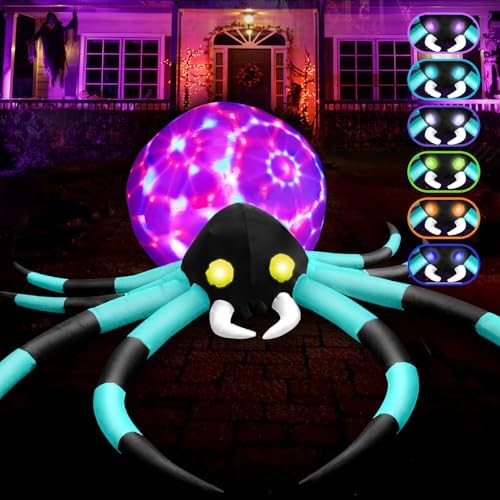 12Ft Giant Halloween Inflatables Spider Built-in 7-Color-Shifting Eyes & 3-Effect-Flashing Belly, Large Halloween Decorations Outdoor Huge Blow Up Yard Decorations Blowups for Holiday- 1PCS（Cyan）