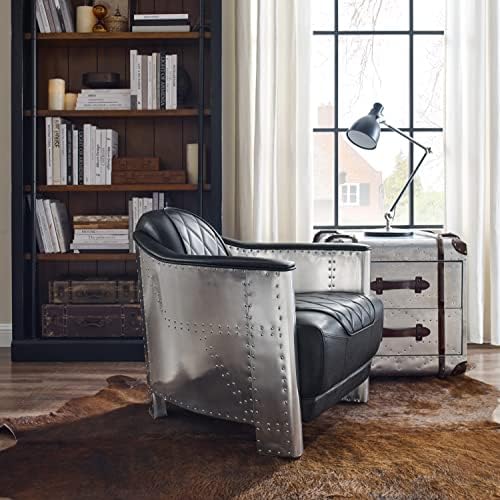 Art Leon Mid Century Industrial Genuine Leather Accent Club Chair Black