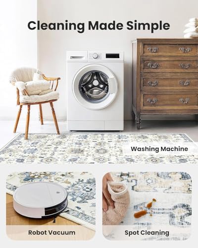 Amada Large 9x12 Washable Area Rug for Living Room, Blue/White, Vintage