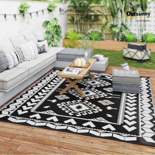 Outsunny Outdoor Rug for Patio Waterproof 8' x 10' Black & White ...