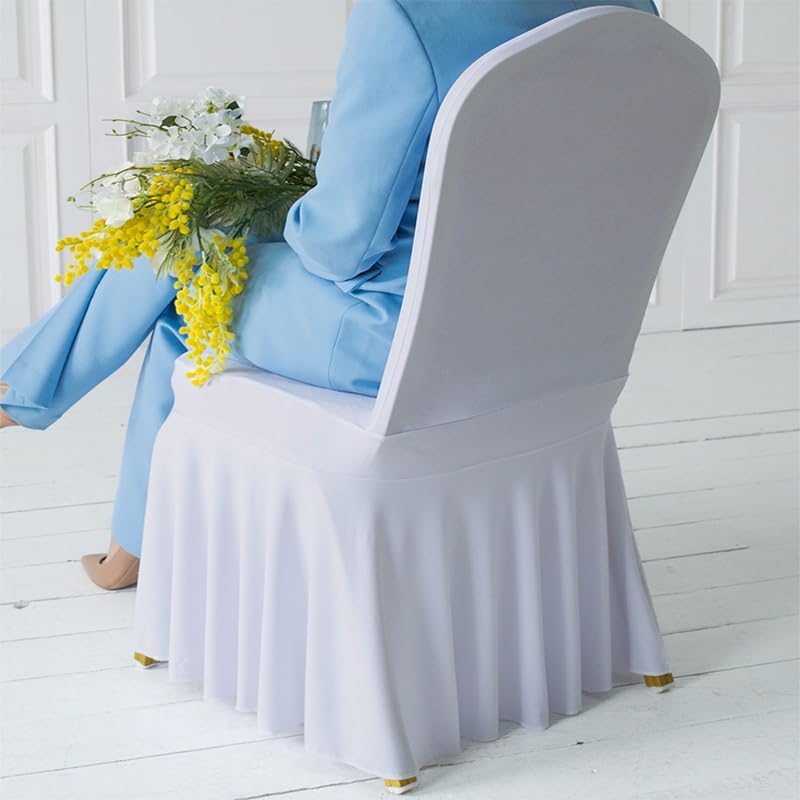 10pcs Pleated Skirt Spandex White Chair Cover Hotel Banquet Party Events Wedding Decoration Seat Protector Slip Covers