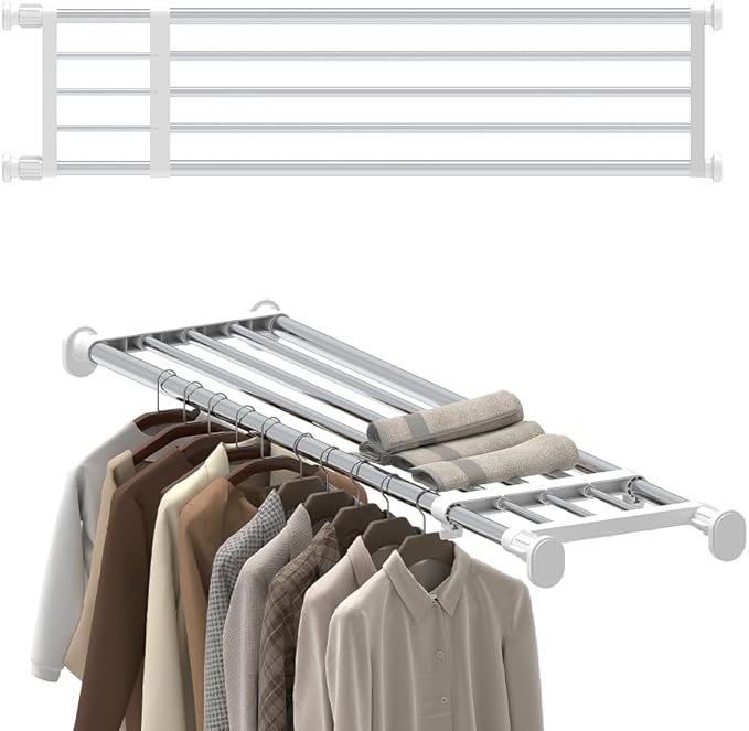 Hershii Tension Shelf Expandable Rod Closet System Heavy Duty Clothes Hanger