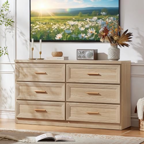 RWYHG 55.1" Wide Farmhouse 6 Drawers Dresser for Bedroom,Natural