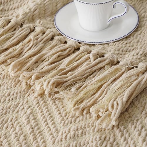 BATTILO HOME Beige Throw Blankets for Couch, Knitted Tan Throw Blanket for Tw...