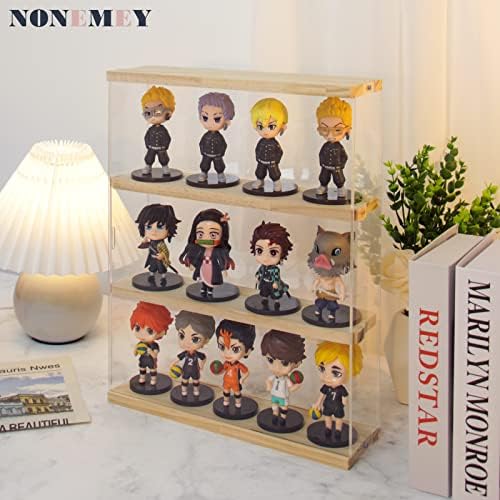 NONEMEY Clear Acrylic Display Case Stand with Wood Base 3 Tier Storage Box Wa...