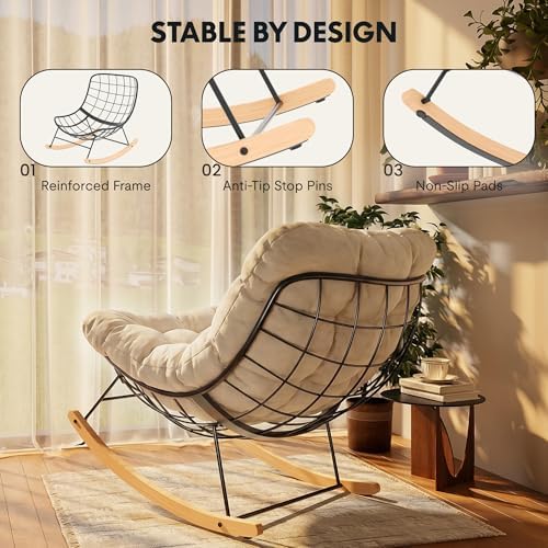 FLEXISPOT Outdoor Papasan Rocking Chair with Thick Cushion,Beige
