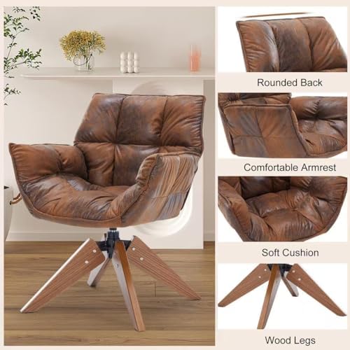 Mid Century Accent Chair No Wheel 360° Swivel PU Cozy Vanity Chair Wood Leg