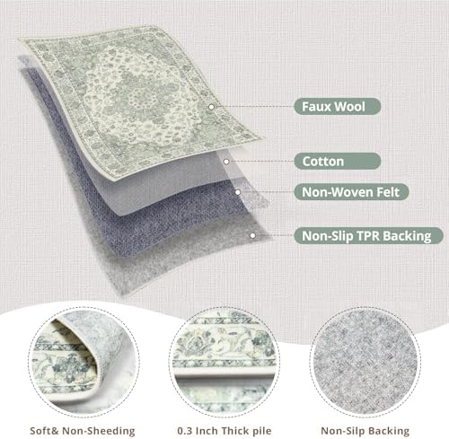 8x10 Non-Slip Washable Livingroom Vintage Area Rug, Sage Green