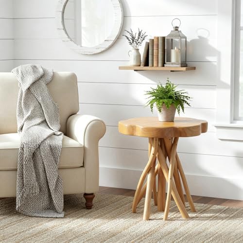 WELLAND Solid Teak Live Edge End Table, Petal Accent Table