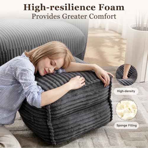 Square Stuffed Pouf Ottoman with Foam Chunk Filling, Darkgray