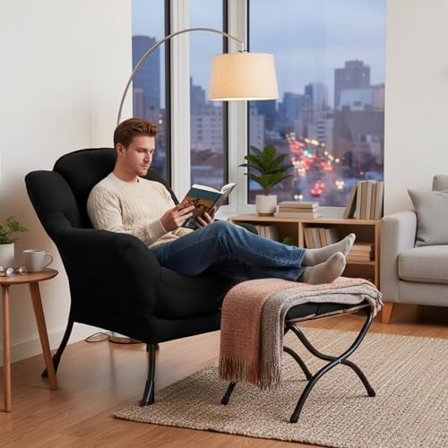 Welnow Lazy Chair with Ottoman, Reading Chair with Footrest,Matte Black
