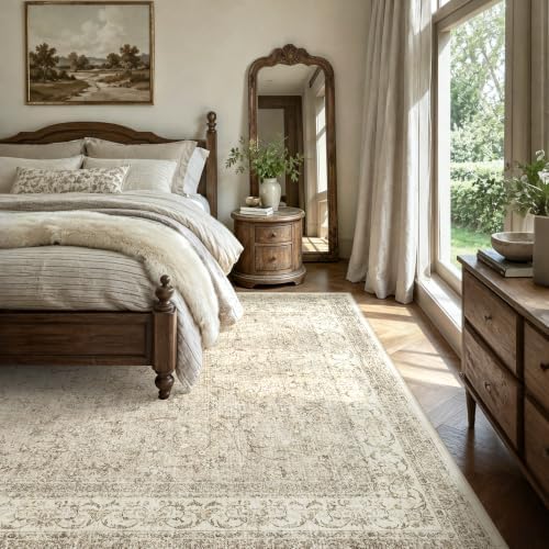 Washable 8x10 Area Rugs for Living Room, Vintage Bedroom Neutral Rug, Beige