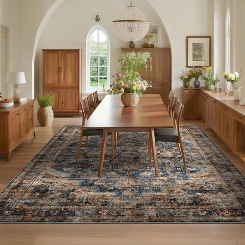 GarveeHome 9x12 Area Rug for Living Room Washable Vintage Rug Blue&Brown