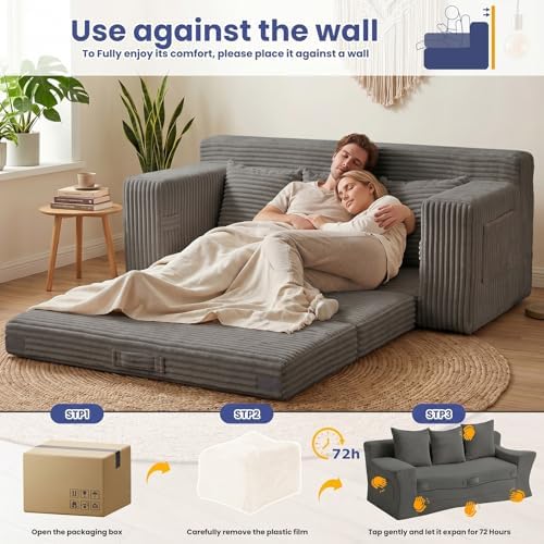 69" 3 Seater Convertible Folding Sofa Bed, Boneless Couch with Pull-Out ...