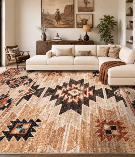YIHOUSE 8’x10’ Washable Western Aztec Area Rug for Living Room, Terracotta