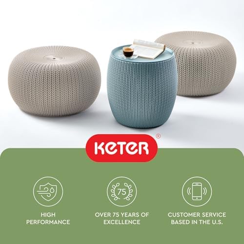 Keter Urban Knit Pouf Ottoman Set of 2 with Storage Table for Patio and Room ...