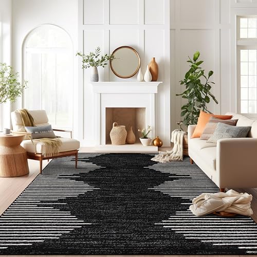 Rugshop Bohemian Stripe Stain Resistant Large Area Rug Black 7'10" x...