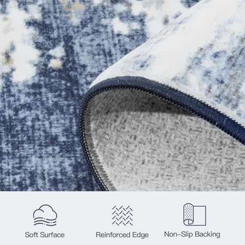 9x12 Area Rug for Living Room, Abstract Washable Large Rugs, Dark Blue