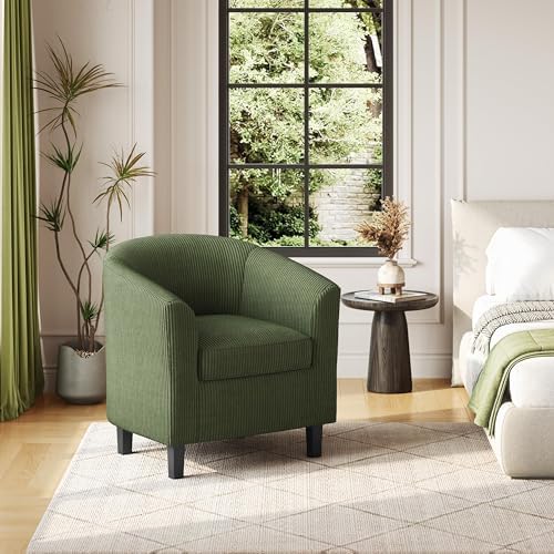 Yaheetech Accent Chairs, Corduroy Barrel Armchairs, Dark Green