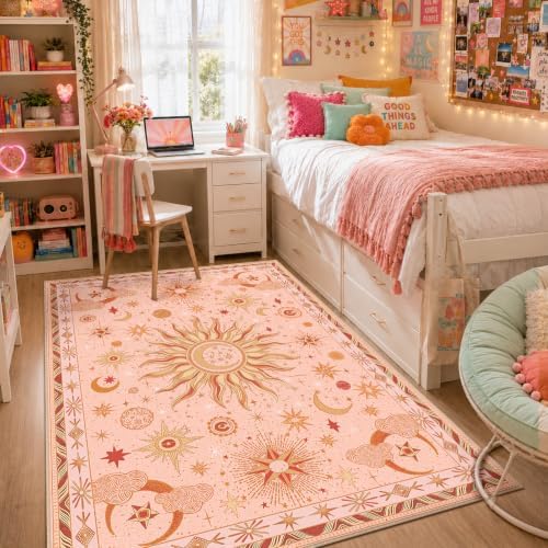Vacuum-Friendly, 5x7 Washable Area Rug, Pink Gold Beige Red