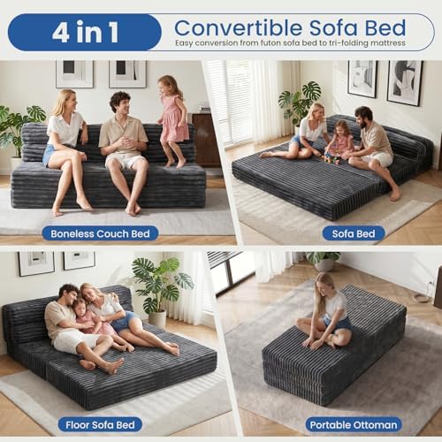 Erament Tri-Fold Futon Sofa Bed, 6 Inch Foldable Floor Couch, High-Density Fo...