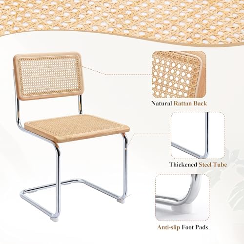 Rattan Cantilever Dining Chairs Set of 2, Boho Modern Dining Chairs with Ratt...