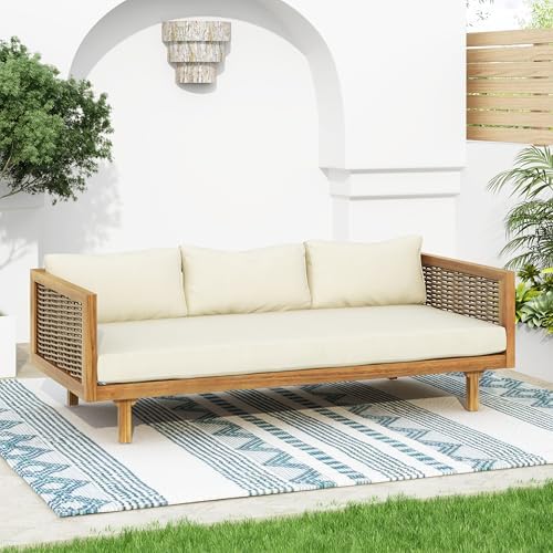 Merax 67.5" Outdoor Patio Daybed 3 Seater Sofa Bed,Acacia Wood Frame wit...
