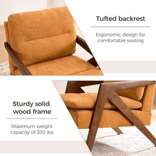 Mid-Century Modern Accent Chair with Solid Wood Frame，Tufted Upholstered Chen...