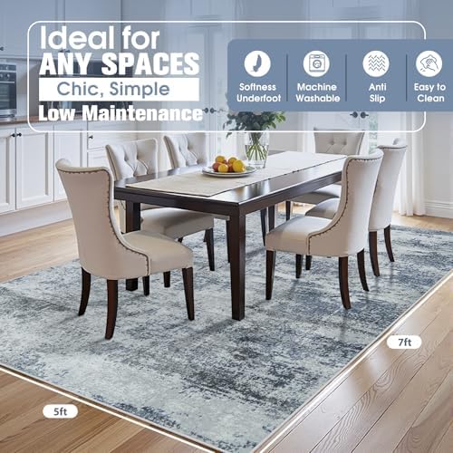 5x7 Area Rugs for Living Room Washable Bedroom Dining Room Blue Grey