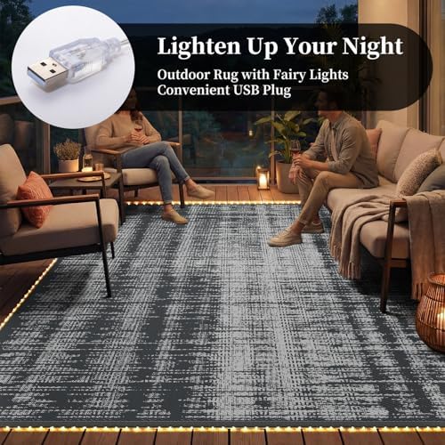 MontVoo Outdoor Rug Waterproof 6x9 ft with Strip Lights Outdoor Patio Rug Mat...