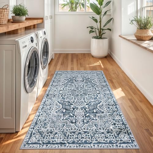 KUTA 3x5 Entryway Rug Washable Area Rugs Vintage Kitchen Rugs Blue White