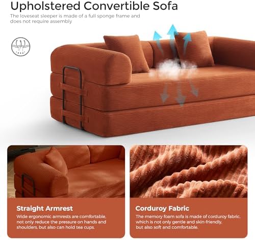 79" Convertible Futon Sofa Bed, Boneless Couch for Living Room | Orange