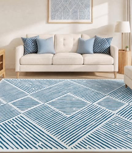 YIHOUSE 8‘x10' Washable Blue and White Rug, Modern Area Rug for Living Room