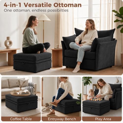 ABCASA Chenille Accent Chair with Storage Ottoman Chaise Lounge Chair,Black