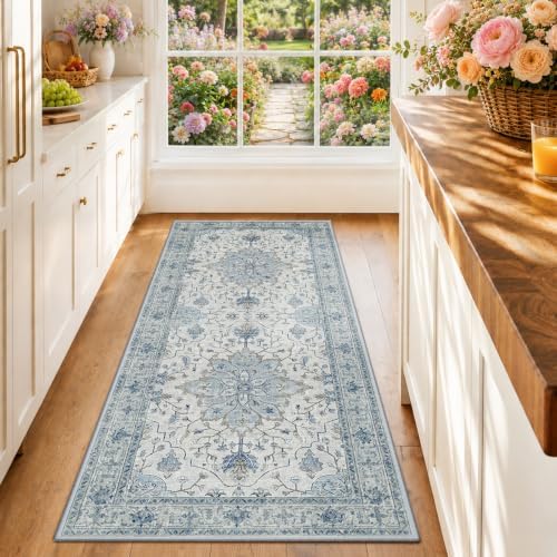 RELEANY Washable Area Rug, Runner 2'x6', Blue/White/Gray