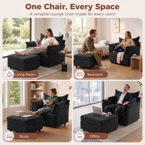 ABCASA Chenille Accent Chair with Storage Ottoman Chaise Lounge Chair,Black