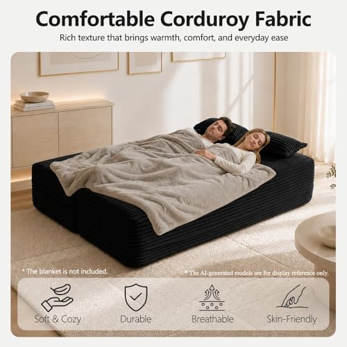 78" Futon Sofa Bed, Full Size Boneless Corduroy Couch Bed (Black)