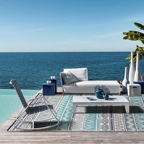 Outdoor Rug 8 x10 ft, Plastic Rug for Patio, Blue & Grey